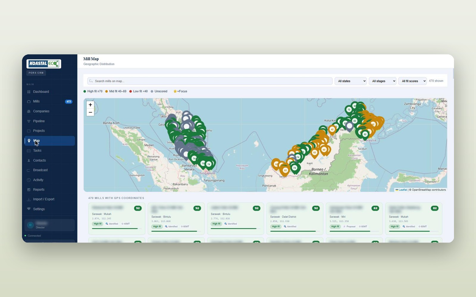 A custom sales CRM with a geographic mill map, built by Studio 42
