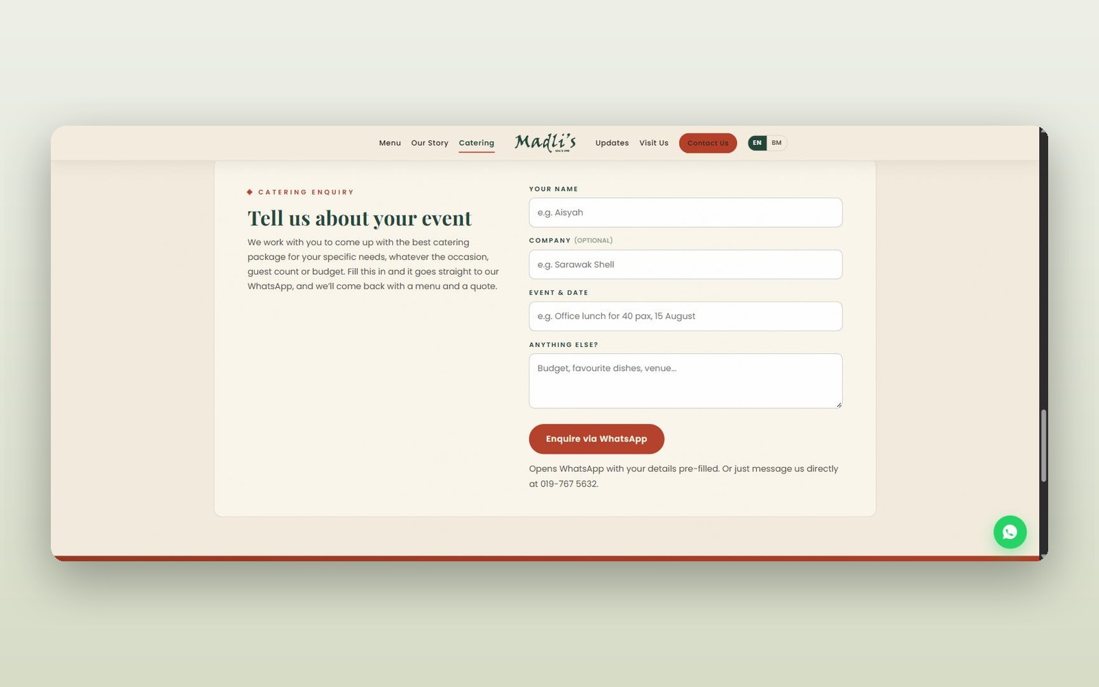 Catering enquiry form