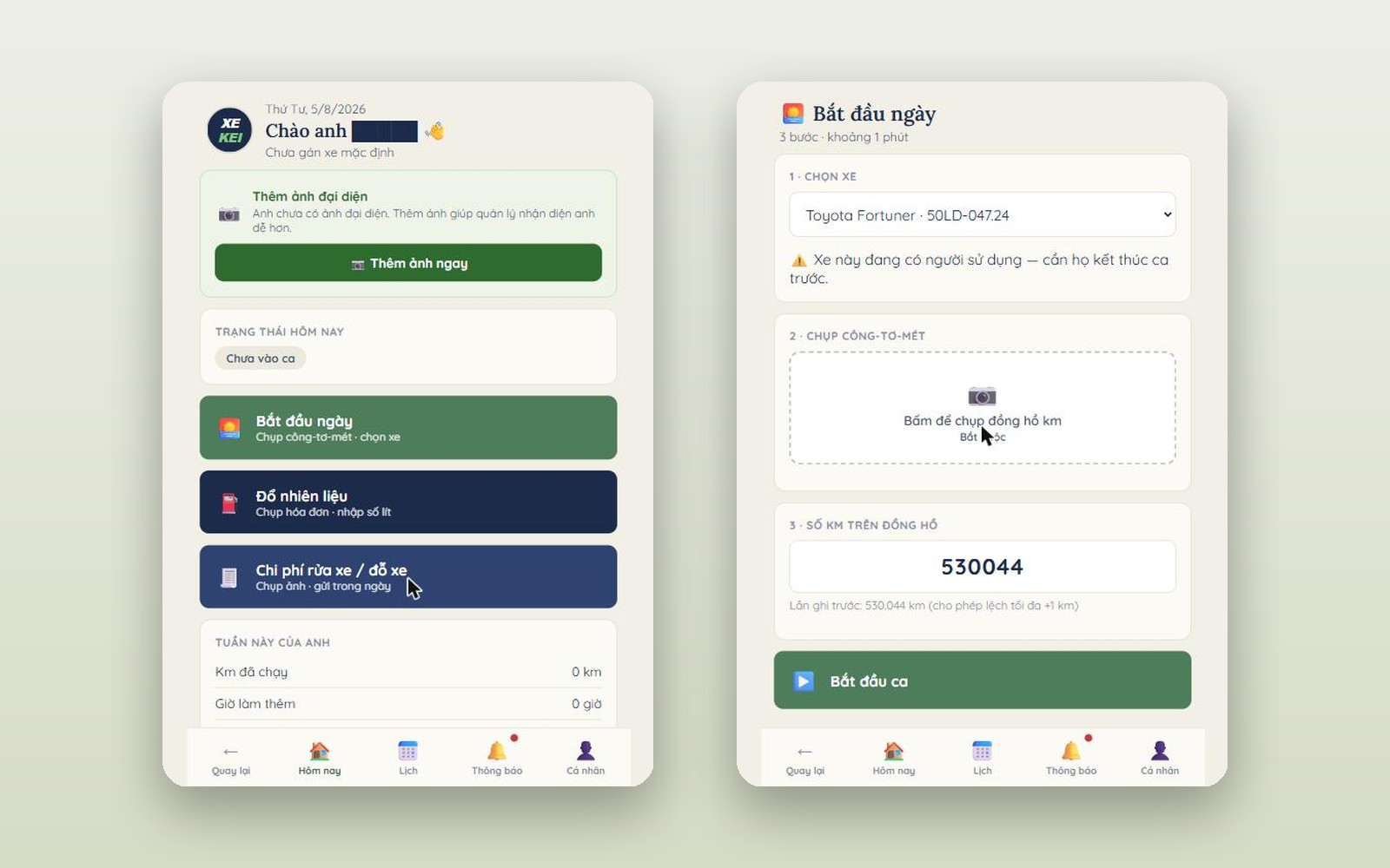 Driver app home and start-of-day